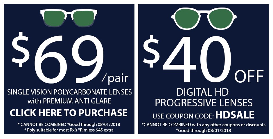 ReplaceALens's tweet photo. July is here which means we have brand new sales! This month take advantage of our $69 Single Vision lens package or take $40 off Digital HD Progressive lenses. #ReplaceALens #glasses #eyeglasses #sale #lenssale https://t.co/qms35K5DxK