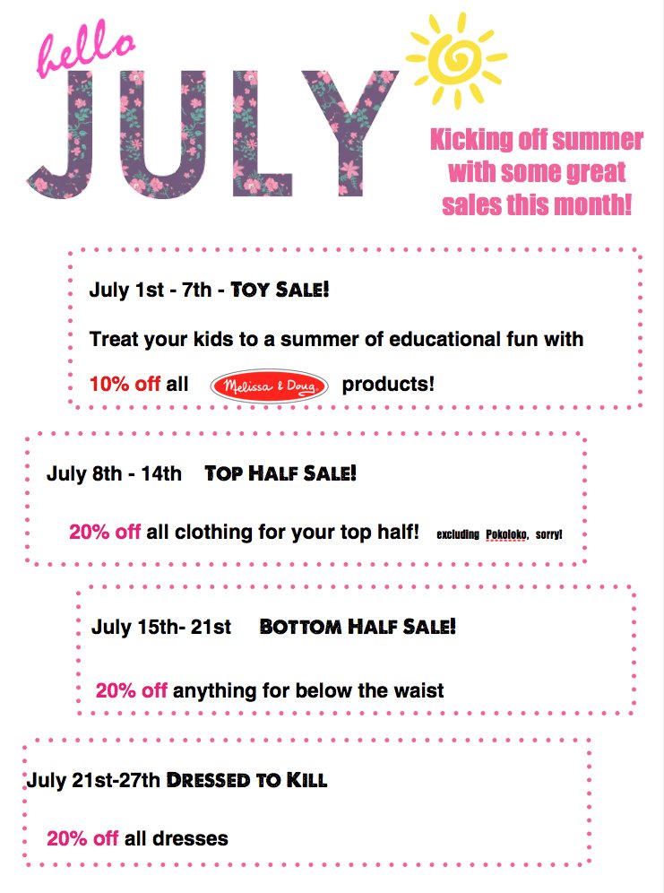 Hello July! Hot deals for the hottest month of the year (so far!) And remember, free small tea or coffee <a href="/Stuffd_/">Stuff'd</a> with each purchase from <a href="/Stuffstore33/">Stuff</a> #sale #july #bargain #lakefield #summer