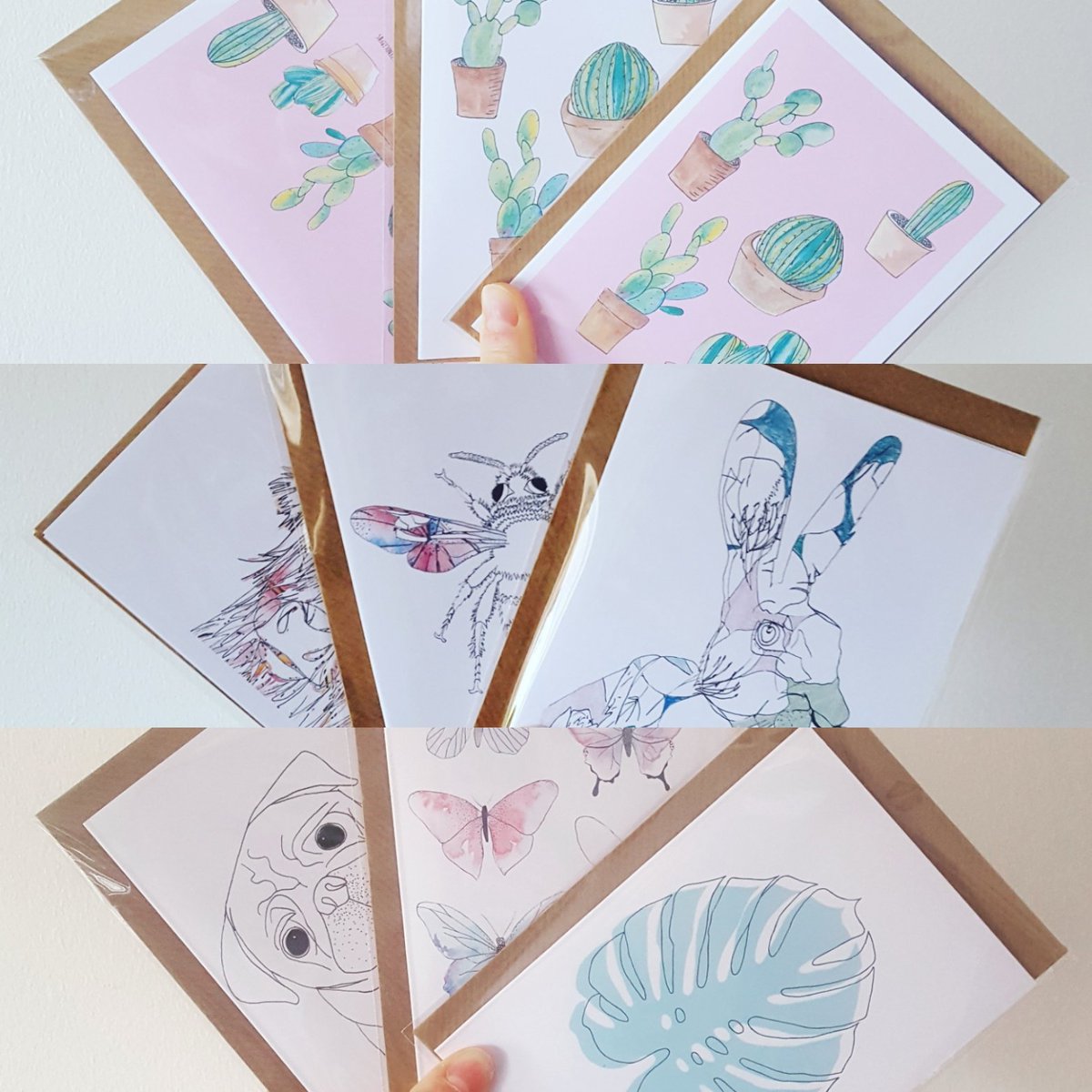 Cards for days. #greetingcards #cards #cactus #manchesterbee #bee #pink #bunny #botanicaltattoo #highlandcattle #pug #butterfly #palmleaf #cheeseplant