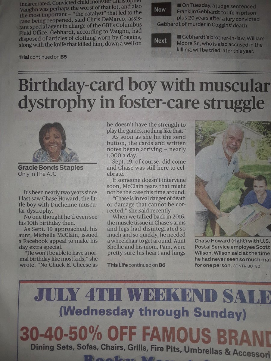 mcclain_shellie's tweet photo. @GStaples_AJC Front page of the Metro section of the AJC! 7/1/18 #SaveChaseHoward https://t.co/4e78YfjH8Y