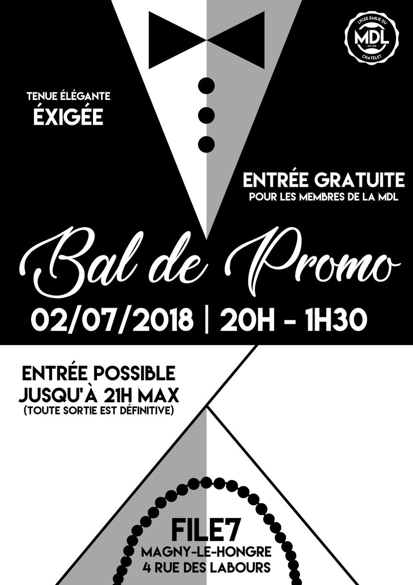 Mdl_edc2018's tweet photo. LES INSCRIPTIONS POUR LE BAL SONT TERMINÉES 🎉✨
On vous attend demain à partir de 20h au File7 de Magny-le-Hongre 👀 Les portes se ferment à 21h et toute sortie sera définitive alors venez à l’heure... Tenue élégante exigée on le rappelle 👔👗 À demain 😋 https://t.co/8ndLtzNG0h