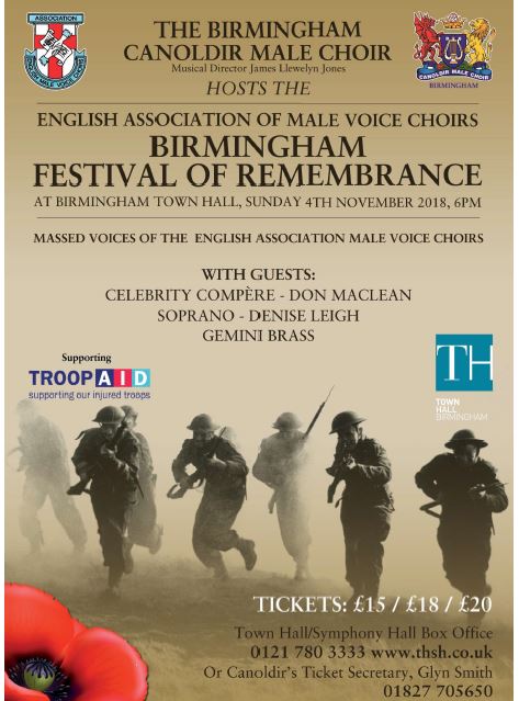 Remember the Fallen. Buy tickets for the Festival of Remembrance at #Birmingham Town Hall in November. Call Glyn Smith now on 01827 705650. #brumhour