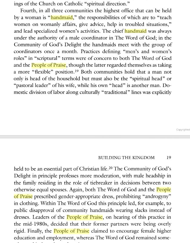 A book by Thomas Csordas provides an analysis of the Catholic Charismatic Renewal.Csordas is Armington Professor of Anthropology and Religion at Case Western Reserve University.His book describes the People of Praise & the "handmaid" position