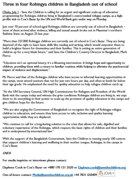SaveUKNews's tweet photo. PRESS RELEASE: 3 in 4 #Rohingya children are out of school in #Bangladesh &amp; being deprived the right to learn which would empower them to build a brighter future. #SavetheChildren are running 100 centres in Cox's Bazaar, supporting learning &amp; wellbeing. Spokespeople available https://t.co/MeghrxfBEA