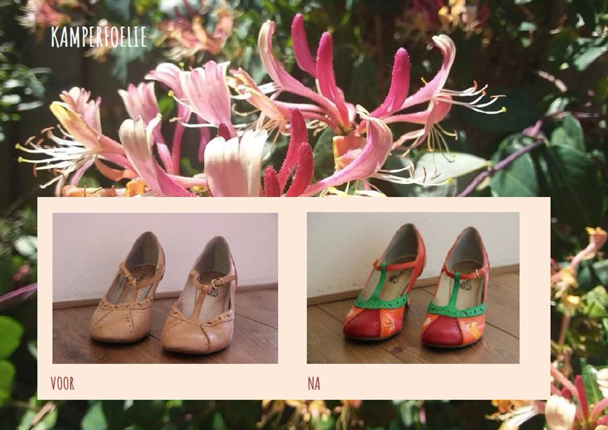 MikaKunst's tweet photo. Mijn  oude schoenen nieuw leven in geblazen. De lekker ruikende Kamperfoelie  in onze tuin deed mij inspireren tot dit frisse en kleurrijke ontwerp! 
 Ook interesse om je schoenen een nieuw leven te geven? Mail mij dan: mika_chu@quicknet.nl of bel: 06-49979782 https://t.co/u2KZcv86ij
