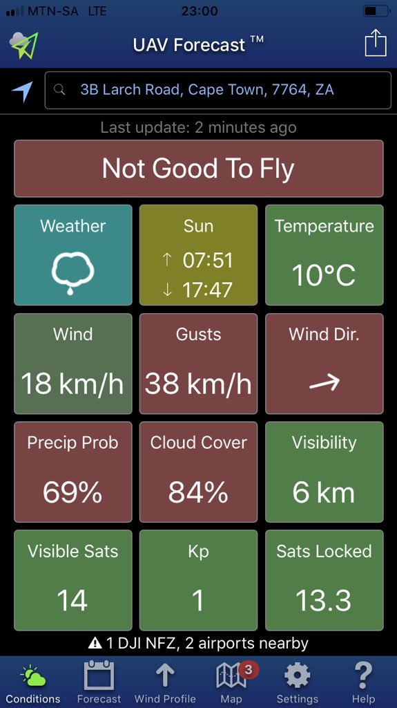Truebz's tweet photo. I recently bought me a drone and it’s been a crawling journey so far. It’s the new toy that I want to play with everyday. But Cape Town weather is buzz kill these days and I now have an App which will tell me when it’s weather safe to fly! Cool eh https://t.co/4Gz2jGs91O