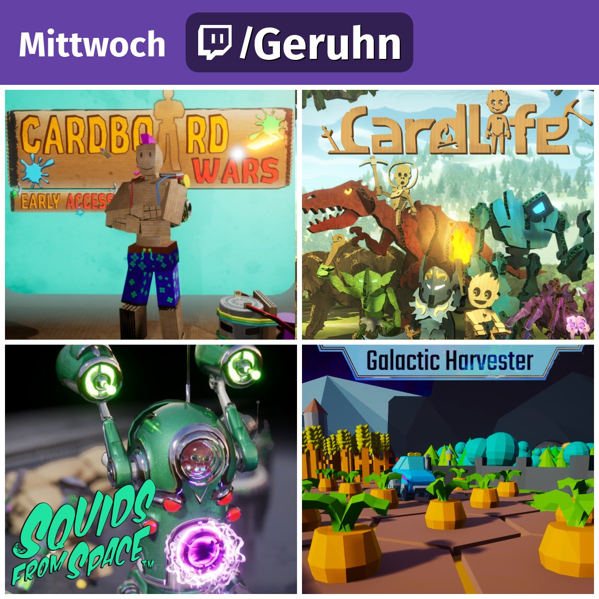 Geruhn's tweet photo. Am Mittwoch erwarten euch vier #IndieGames:
- #CardBoardWars von @RatbyteGames
- #CardLife von @FreejamGames
- #SquidsFromSpace von @FunBits
- #GalacticHarvester von @ToastieLabs

Hoffe ihr freut euch schon darauf! https://t.co/bAlkGtiSG3
