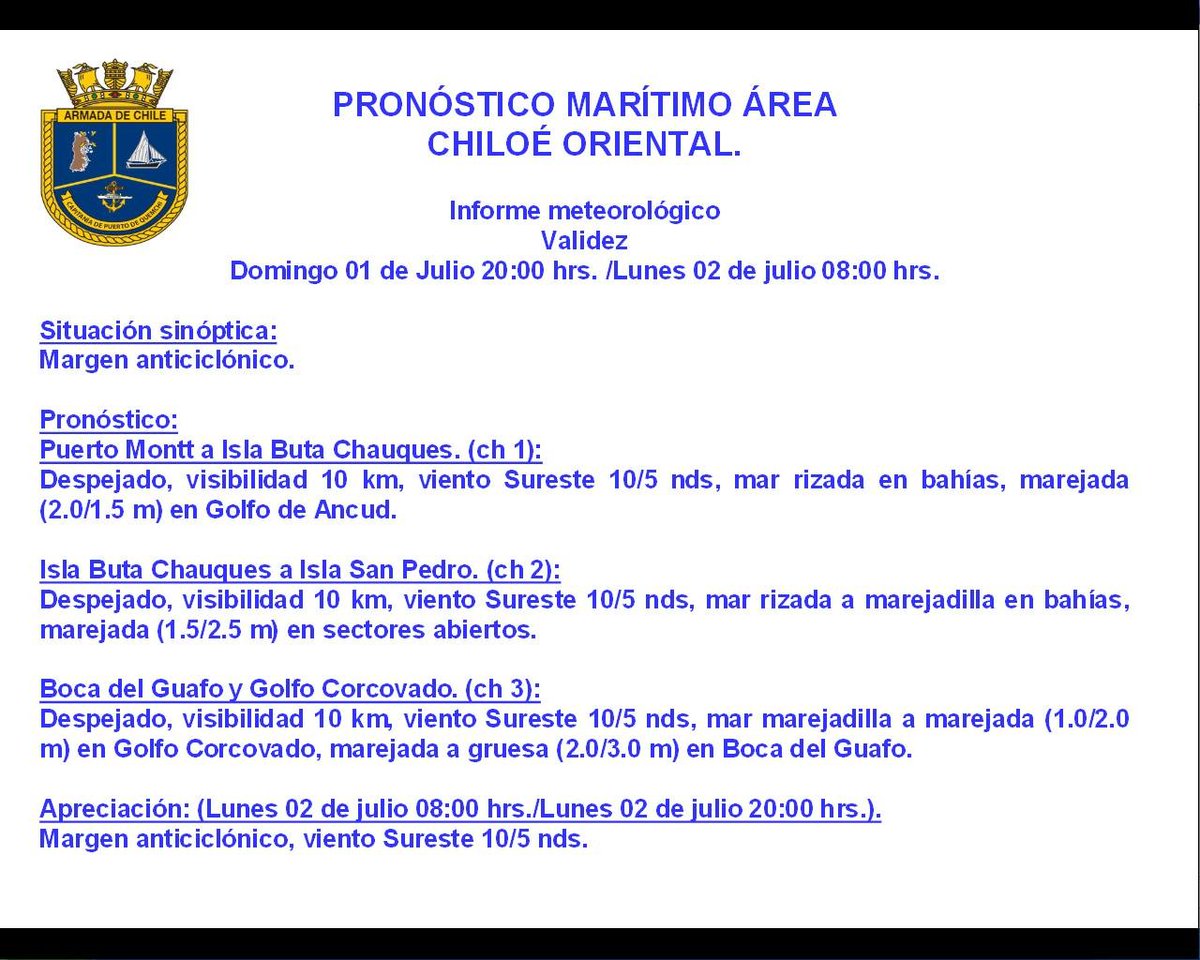 CAPUERTOQUEMCHI's tweet image. Aquí el pronóstico marítimo área #Chiloé oriental para esta noche.