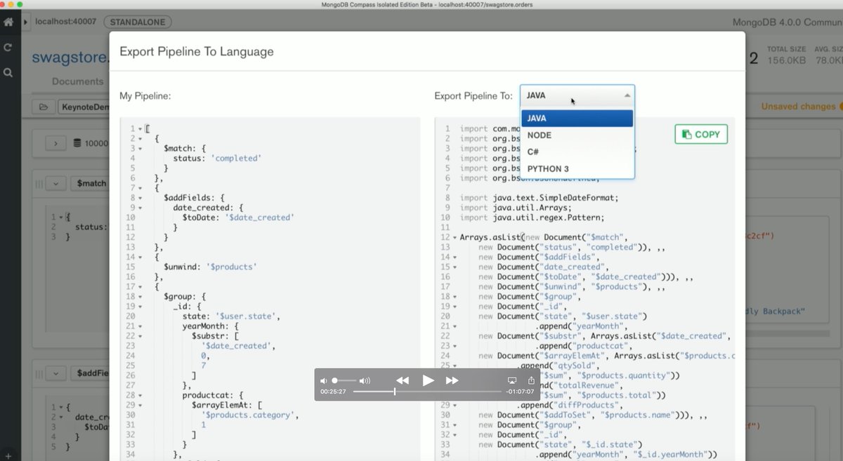 gmelnik's tweet image. Especially paired with the new Export to Language feature - “A #MongoDB Secret Weapon: Aggregation Pipeline” buff.ly/2MFZgg6 via @datanami #MongoDBCompass