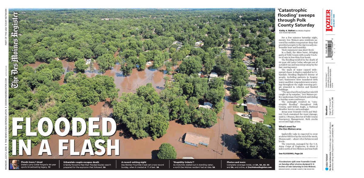 ecbackstrom's tweet photo. Really proud of this page I designed for @DMRegister tomorrow. The flooding in the area this weekend was just unbelievable. Shout out to @zthomp for having my back on it. https://t.co/jxg3XkTeG8