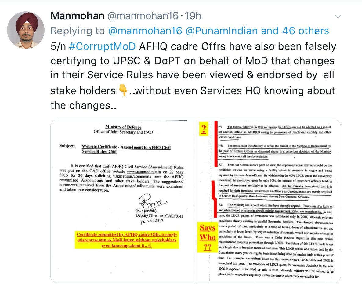 <a href="/OliveGrin17/">Olive Green</a> <a href="/DefenceMinIndia/">रक्षा मंत्री कार्यालय/ RMO India</a> <a href="/nsitharaman/">Nirmala Sitharaman</a> <a href="/PIB_India/">PIB India</a> <a href="/MIB_India/">Ministry of Information and Broadcasting</a> <a href="/adgpi/">ADG PI - INDIAN ARMY</a> <a href="/IAF_MCC/">Indian Air Force</a> <a href="/indiannavy/">SpokespersonNavy</a> <a href="/SpokespersonMoD/">Ministry of Defence, Government of India</a> <a href="/HQ_IDS_India/">HQ IDS</a> <a href="/manmohan16/">Manmohan</a> <a href="/BrigMahalingam/">Brig V Mahalingam</a> <a href="/kakar_harsha/">Maj Gen Harsha Kakar</a> <a href="/SinghNavdeep/">Navdeep Singh</a> <a href="/vikramwkarve/">Vikram Waman Karve</a> <a href="/capt_amarinder/">Capt.Amarinder Singh</a> <a href="/Jaykaul/">Brig. Jay Kaul , Veteran</a> <a href="/PashaSehgal/">Lt Gen DP Sehgal</a> <a href="/jessisajan/">Sajan</a> <a href="/bsrangi/">bahadur rangi</a> <a href="/cmseth1/">Maj. Gen. CM Seth</a> <a href="/just_1_singh/">Jaswant Singh</a> <a href="/MajorPoonia/">Major Surendra Poonia</a> <a href="/Neeraj7888/">Lt Col Neeraj Sharma, Veteran</a> <a href="/SmritiRDas1/">Smriti R Das</a> <a href="/DrSubhashMoS/">Dr. Subhash Bhamre</a> <a href="/tksapru/">Lt Gen Tej Sapru (R)</a> <a href="/kayjay34350/">Lt Gen Kamal Jit Singh (Veteran)</a> <a href="/GenKumar/">vinod kumar, Maj Gen</a> <a href="/ArunBajpai/">Brig Arun Bajpai</a> <a href="/SushilBhasin/">Brig Sushil Bhasin</a> <a href="/BJP4India/">BJP</a> <a href="/PMOIndia/">PMO India</a> <a href="/narendramodi/">Narendra Modi</a> <a href="/ColTekpal/">The Army Guy</a> <a href="/ColCharanjit/">Charanjit Khera</a> <a href="/ajitbhinder/">Col Ajit Singh Bhinder🇮🇳</a> <a href="/Col_Bharat/">Col Bharat Sharma,EME</a> <a href="/MajDPSingh/">Major D P Singh</a> <a href="/VK_Gandhi/">VK Gandhi</a> <a href="/GautamGambhir/">Gautam Gambhir</a> <a href="/boxervijender/">Vijender Singh</a> <a href="/Vedmalik1/">Ved Malik</a> <a href="/arunp2810/">Adm. Arun Prakash</a> <a href="/GenVij/">Gen N C Vij</a> <a href="/narender_naini/">Col Narender singh 🇮🇳</a> @rajatpTOI 1/6 #AFDegradation #CorruptMoD
Unaccountability &amp; irregularities by non-combatants in MoD appear to have crossed all limits..every issue is turning out to be a new scandal..gross fin irregularities in creation of higher posts..in promotions..in Cadre Review Committees..in DPCs..