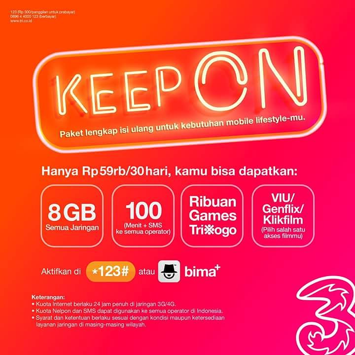 Keep On kini bisa dibeli dengan #BayarPakaiPulsaTri.
.
#paketlengkap Keep On 8GB seharga Rp 59ribu, untuk nonton film, internetan, main games, &amp; telpon+sms selama 30 hari.
.
Ga perlu ragu, aktifkan Paket Keep On 8GB di *123# atau melalui bima+.
.
Info: tri.co.id/keepon
