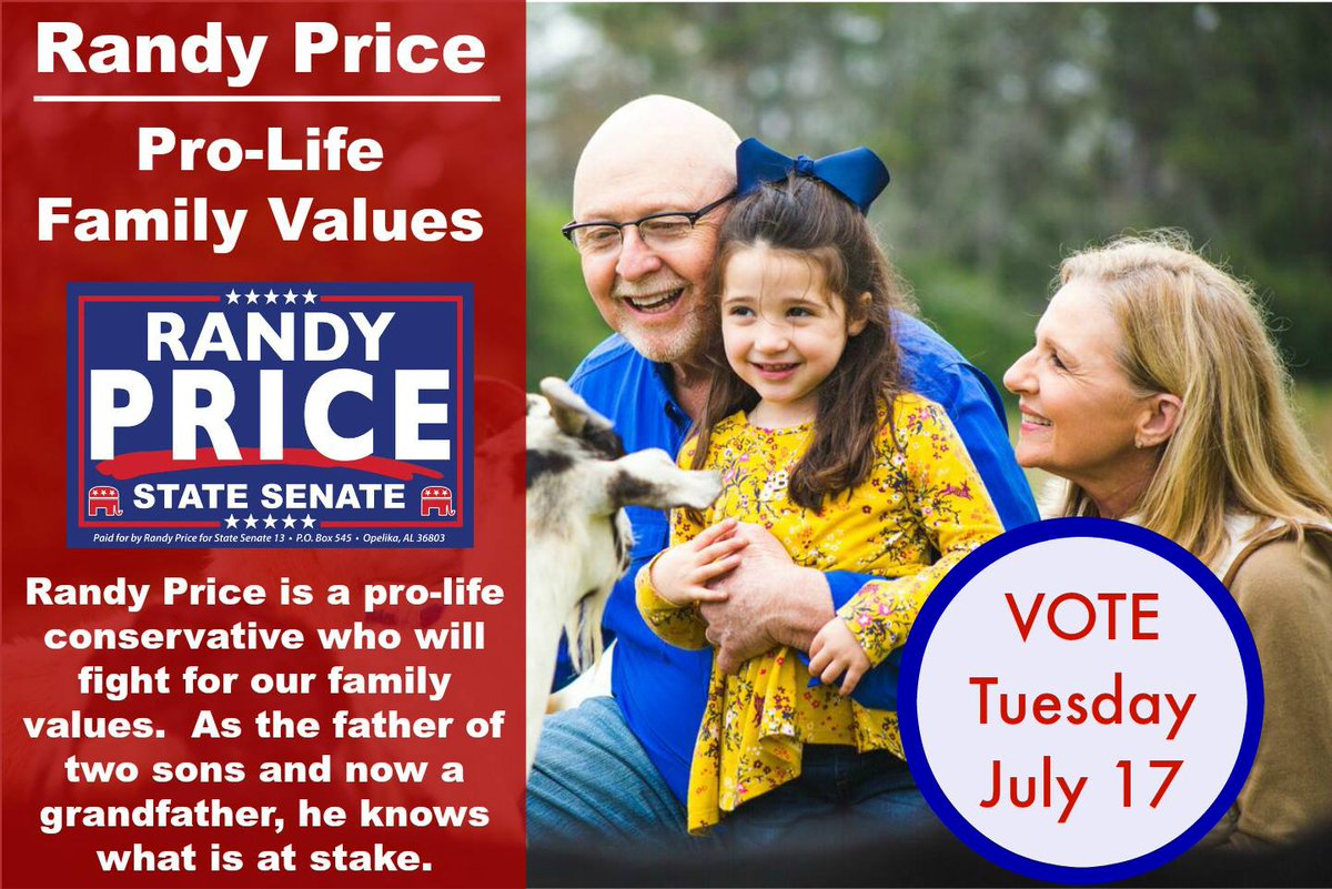 RandyPriceSD13's tweet photo. Randy Price is running for State Senate to protect pro-life, conservative values in Montgomery for the entire state. Make a plan today to vote for Randy in the GOP runoff election on July 17! #algop https://t.co/KbOt6ZYNB3 https://t.co/gvhL1a4j1T