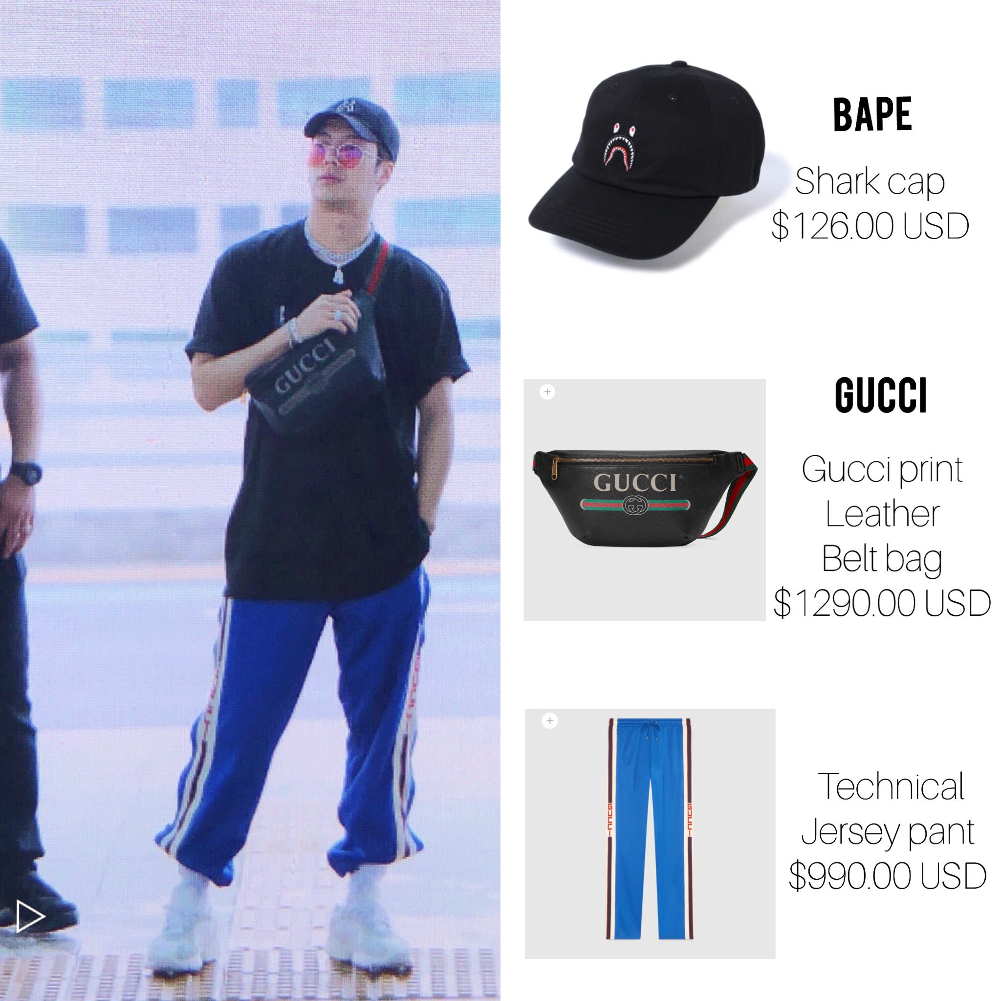 Devise forene Sygdom jacksonwears on Twitter: "180702 Cap : BAPE Shark Cap $126.00 USD Bag : GUCCI  Gucci Print Leather Belt Bag $1290.00 USD Bottom : GUCCI Technical Jersey  Pant $990.00 USD https://t.co/mjAwpOs8Ow" / Twitter