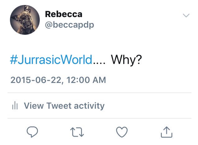 beccapdp's tweet photo. Three years later and I’m left with the same question... why?! #thesemoviesarecrap #beyondcrap #juststop #sayNOtojurassicworld 😂 guys. It was so so bad. #JurassicWorldFallenKingdom https://t.co/ibz9uqY035