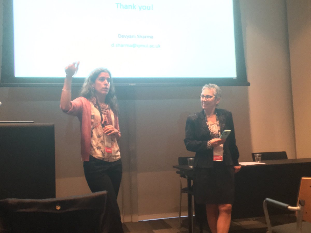 KarenBeaman's tweet photo. Devyani Sharma and ⁦@SaliTagliamonte⁩ discussing sociolinguistic repertoires at #ICL20 https://t.co/Nd8Lu8bY3t