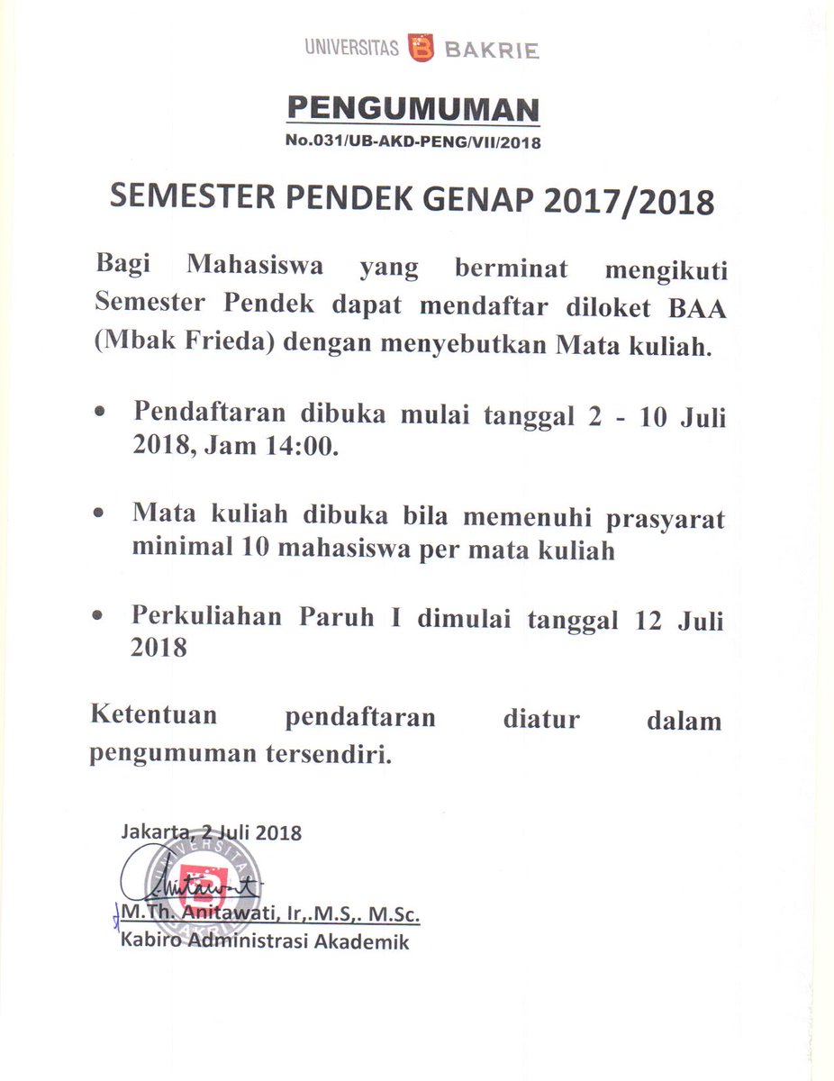 Dear Students <a href="/UBcampus/">Universitas Bakrie</a> berikut pengumuman mengenai Semester Pendek Genap 2017-2018.