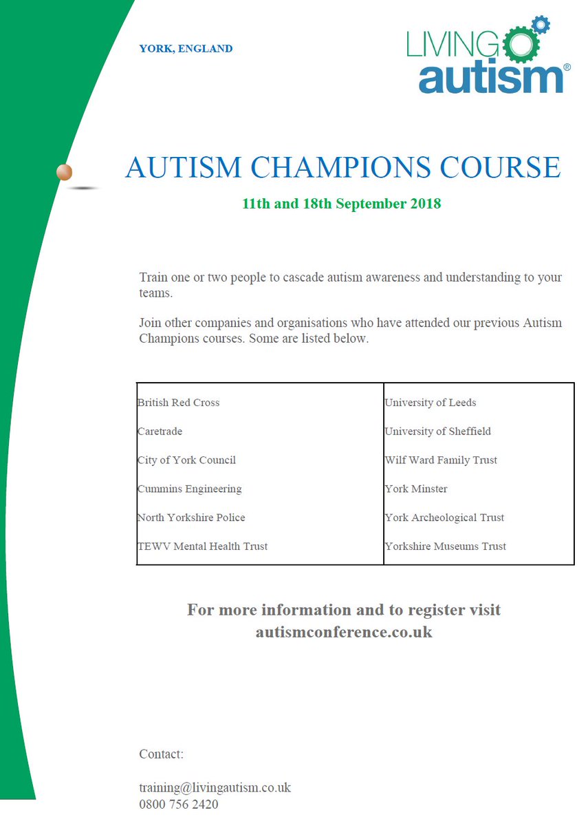 There are still spaces available for our 2-day #autism champion training course in #York in #September follow the link to book a space - bit.ly/1KqaItU  #autismtraining #autismchampiontraining