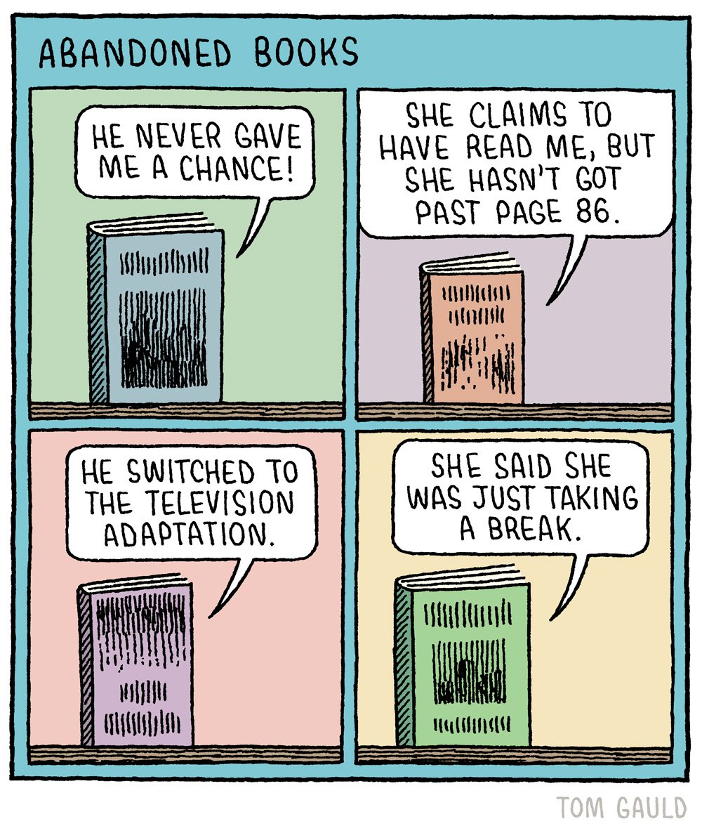 I'm seeing one part of this cartoon about abandoned books shared a lot recently. Here's the whole thing (originally for @NYTmag)...