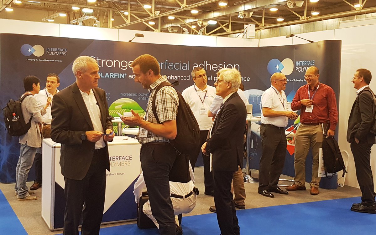 InterfacePol's tweet photo. A very busy 2 days for the Interface Polymers team at Compounding World Expo 2018 in Essen this week. We had over 200 stand visitors interested in our new block copolymer POLARFIN® additive, which overcomes polyolefin compatibility problems and improves surface functionality. https://t.co/89LidiIXVb
