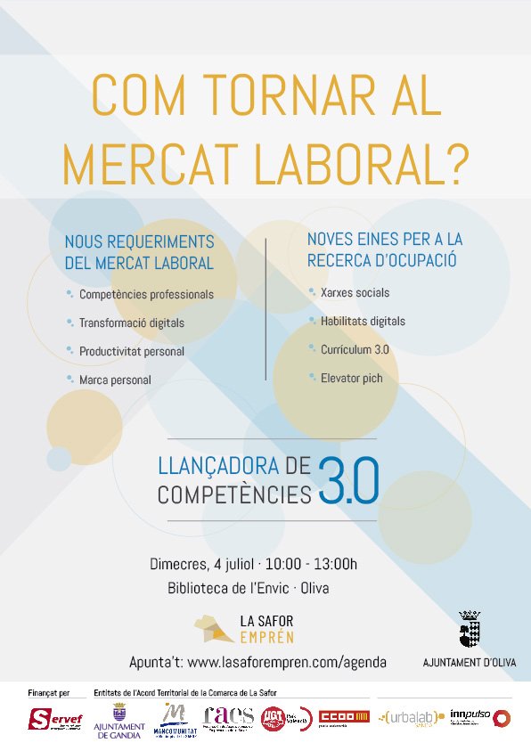 AtSafor's tweet photo. 📢 Pròxim dimecres 4 de juliol 📢 a la biblioteca Envic de Biblioteques Oliva. Xerrada gratuïta sobre: Com tornar al mercat laboral? T'esperem.

✍️✍️Apunta't a:

https://t.co/MYalU70Br2…/xerrada-com-tornar-al-mercat-la…/ https://t.co/Ty3xw0ciiL