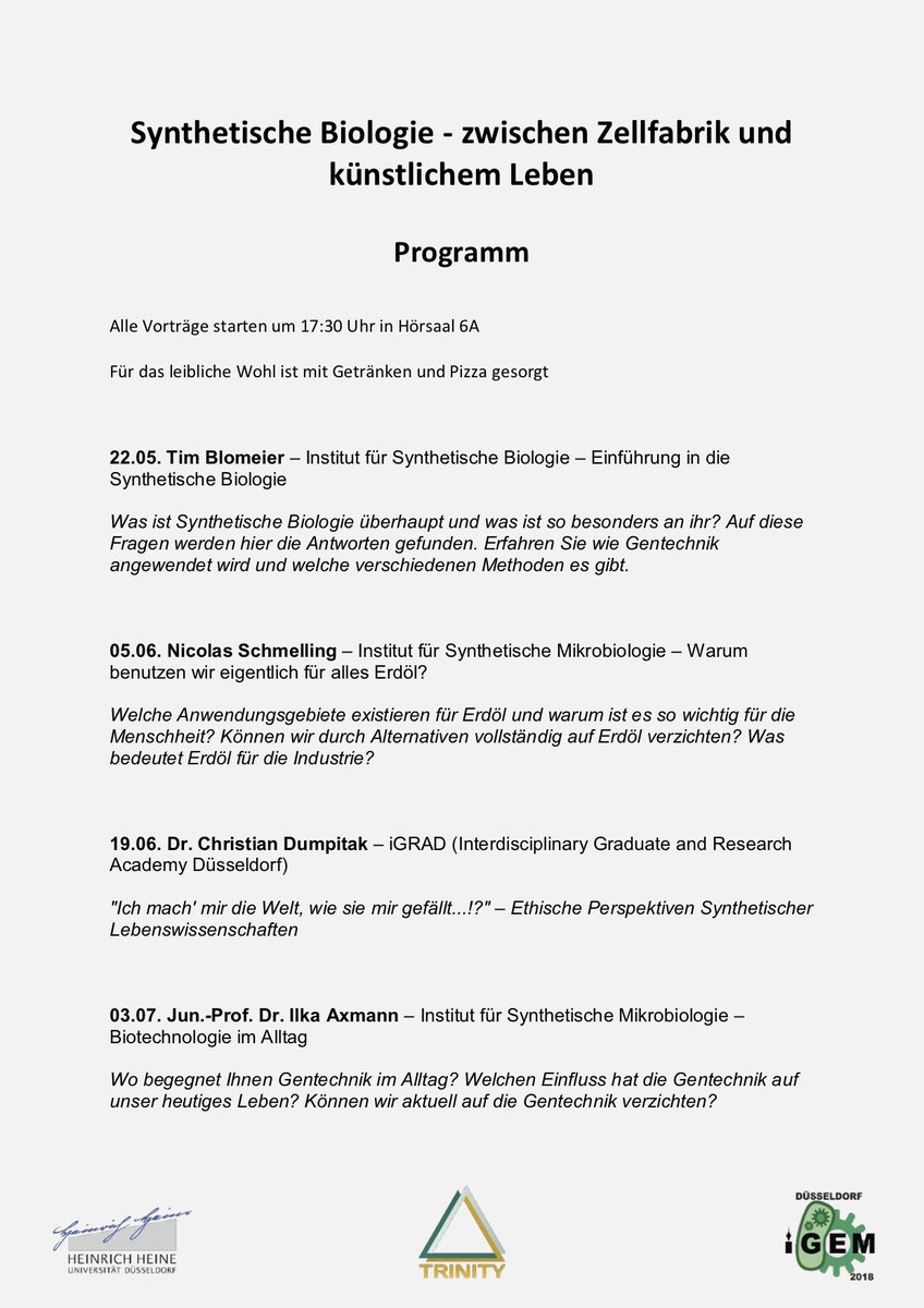 Igem Duesseldorf Reminder Tomorrow Is Our Last Synbio Talk Jun Prof Axmann From The Synmibi Institute Gives As A Look At Genetic Engineering In Our Daily Lives Hhu Igem18 Stay