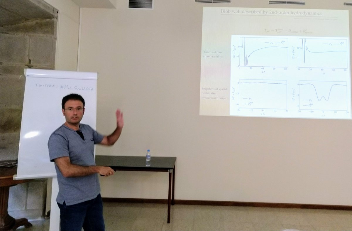 thermalization's tweet photo. David Mateos @ICC_UB @icreacommunity overview talk at #HoloQuark2018 on extreme Holography #OutofEquilibrium planar #shockwaves #hydrodynamization #MuellerIsrealStewart breakdown https://t.co/65jfEBltRe