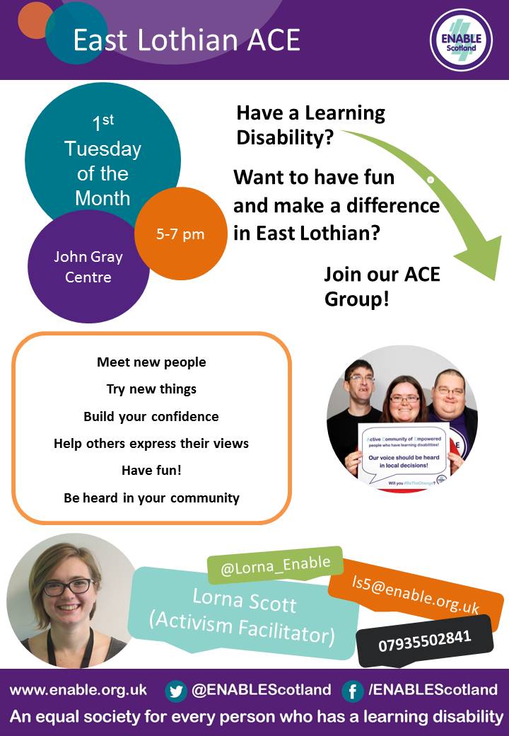 Lorna Scott (@enableedandloth) on Twitter photo If you have a learning disability and live in #EastLothian, come along to #ACE and help to make a difference in your community! Meeting tommorow (3rd July) in the Star Room <a href="/JohnGrayCentre/">John Gray Centre</a> 5-7pm. Come and join in the fun! Poster redesigned last month by our very own Jodie! If you have a learning disability and live in #EastLothian, come along to #ACE and help to make a difference in your community! Meeting tommorow (3rd July) in the Star Room <a href="/JohnGrayCentre/">John Gray Centre</a> 5-7pm. Come and join in the fun! Poster redesigned last month by our very own Jodie!