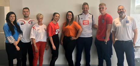 group1autouk's tweet photo. With football coming home, sites across Inchcape UK have been dressing down and paying up to our chosen #charity partner, @alzheimerssoc, as we wear our football tops and fly our flags.
Spot any kits you like?
#ItsComingHome #JoinInchcape https://t.co/mWRpLuIlP7