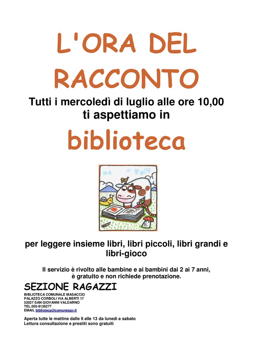 Biblioteca_SGV's tweet photo. Tutti i mercoledì di luglio alle ore 10,00 ti aspettiamo in @Biblioteca_SGV per #leggere insieme! Mercoledì 4 luglio primo appuntamento con gli #animali del #prato #OraDelRacconto https://t.co/ajsdZt78XM
