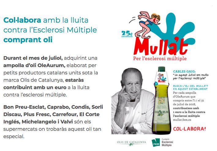 FundacioEM's tweet photo. Busca l'oli del #Mullat al teu supermercat! Per cada ampolla d’OleAurum que compris fins el 31 de juliol de 2018, contribueixes amb 1 euro a la lluita contra l’esclerosi múltiple: https://t.co/CLZ6rQ1riB https://t.co/4lvm0zql5J