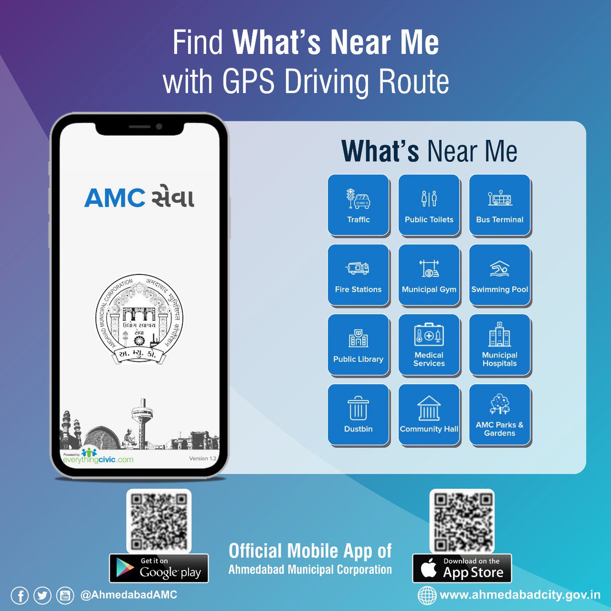 AmdavadAMC's tweet photo. Find What's Near Me with GPS Driving Route and many other services in one touch access through #AMCSeva App.
#DigitalIndia
#SmartCity
Get it on Google Play Store :- https://t.co/ASTVy1lhQ9
On App Store :- https://t.co/BH07BFltww https://t.co/fc9K4wc9No
