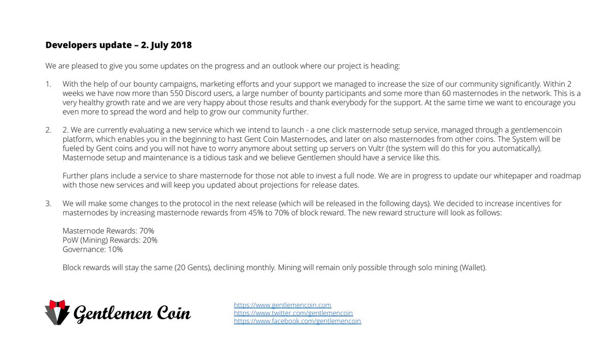 gentlemencoin's tweet photo. Development Update 02. July 2018:

We are pleased to give you some updates on the progress and an outlook where our project is heading!

@gentlemencoin #ICO #Gentlemencoin #blockchain #devupdate https://t.co/alg44zcsgz