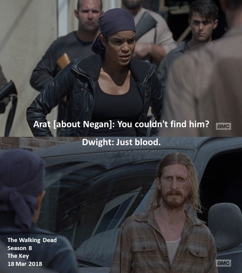 DoctorDoubleTap's tweet photo. Arat [about Negan]: You couldn't find him?

#Dwight: Just blood.

#TheWalkingDead
Season 8
#TheKey
18 Mar 2018
#ZombieApocalypse
#AllOutWar
#TheSanctuary, #Virginia
#TeamSaviors
#ElizabethLudlow
#AustinAmelio https://t.co/W2g9J8bpmU