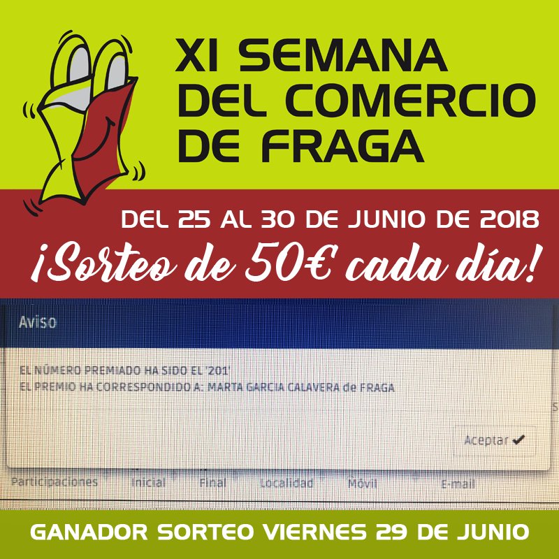comerciofraga's tweet photo. La afortunada del VIERNES 29 de JUNIO es MARTA GARCÍA CALAVERA por su visita a #FrancoModa.
El SÁBADO 30 DE JUNIO la premiada es ISABEL CASAS INFANTES por las compras realizadas en #TorrijosModa. https://t.co/ea99S7d4pa