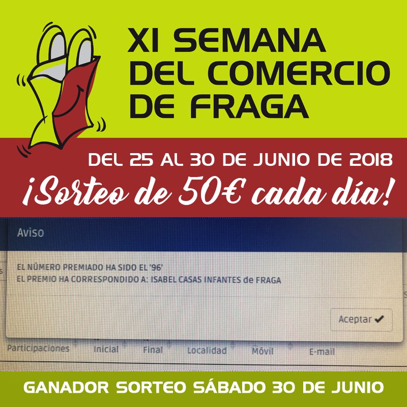 comerciofraga's tweet photo. La afortunada del VIERNES 29 de JUNIO es MARTA GARCÍA CALAVERA por su visita a #FrancoModa.
El SÁBADO 30 DE JUNIO la premiada es ISABEL CASAS INFANTES por las compras realizadas en #TorrijosModa. https://t.co/ea99S7d4pa