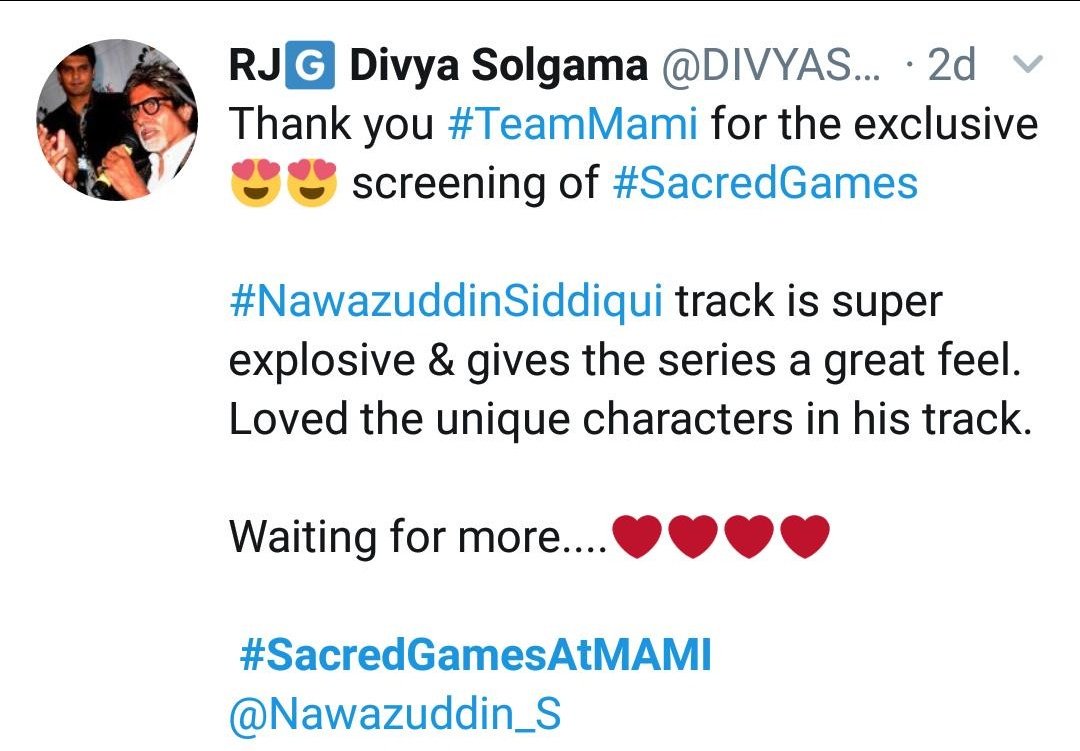 MumbaiFilmFest's tweet photo. Ahead of tomorrow's #MAMIYearRoundProgrammeDelhi special screening of @SacredGames_TV here's but a taste of the reactions from our Mumbai members! #SacredGamesAtMAMI https://t.co/h3nvBmsFzh