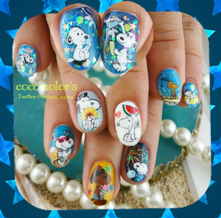 Color Sタカハシミワ Ar Twitter お客様オーダー 夏バージョンのスヌーピー痛ネイル 七夕や スイカ ひまわり サーフィン プール 焼けて黒い子がいたりめちゃくちゃ可愛いです O 痛ネイル 夏ネイル サマーネイル 七夕ネイル T Co