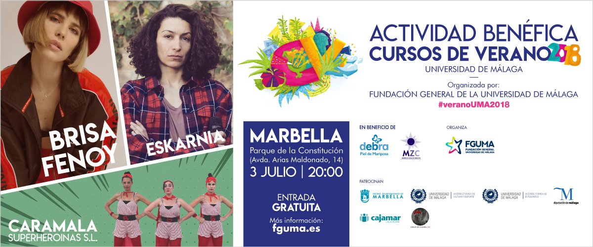 Universidad de Málaga (@infouma) on Twitter photo Mañana comienzan nuestros Cursos de #VeranoUMA2018. Esta semana se desarrollarán en #Marbella con la presencia, entre otros, de Carlos Sobera, Àngels Barceló, Pelayo Díaz, Mabel Lozano o Manu Sánchez.
Además, festival benéfico con Brisa Fenoy, Eskarnia y Caramala.
<a href="/fguma/">Fundación General UMA #FGUMAcontigo</a> Mañana comienzan nuestros Cursos de #VeranoUMA2018. Esta semana se desarrollarán en #Marbella con la presencia, entre otros, de Carlos Sobera, Àngels Barceló, Pelayo Díaz, Mabel Lozano o Manu Sánchez.
Además, festival benéfico con Brisa Fenoy, Eskarnia y Caramala.
<a href="/fguma/">Fundación General UMA #FGUMAcontigo</a>