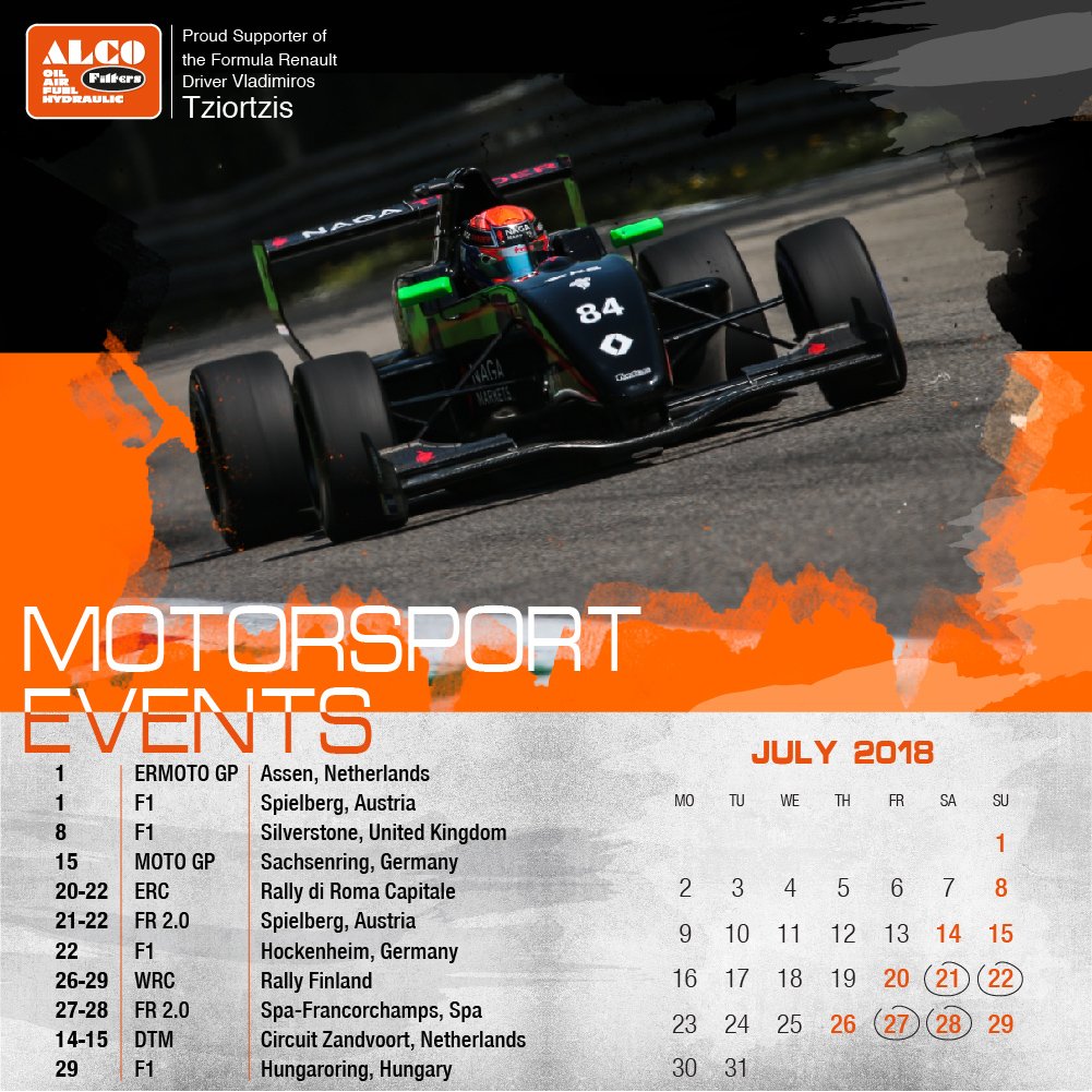 ALCOfilters's tweet image. Check out all the #Motorsport events of the month and make sure you don't miss any races!
P.S. Wishing you all a great month!
#ALCOFilters #FormulaRenaultEurocup #ProudSupporter #MotoGP #Formula1