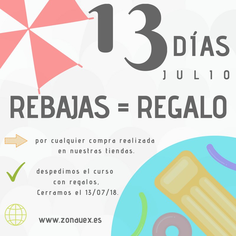 ZonaUEx's tweet photo. ▶️nos despedimos del curso en 13 días🗓️

🔐Cerramos el 13/07/2018
🎁Regalo directo por cualquier compra.

#UEx #tienda #regalos  #rebajas https://t.co/HLfjBxcPgh