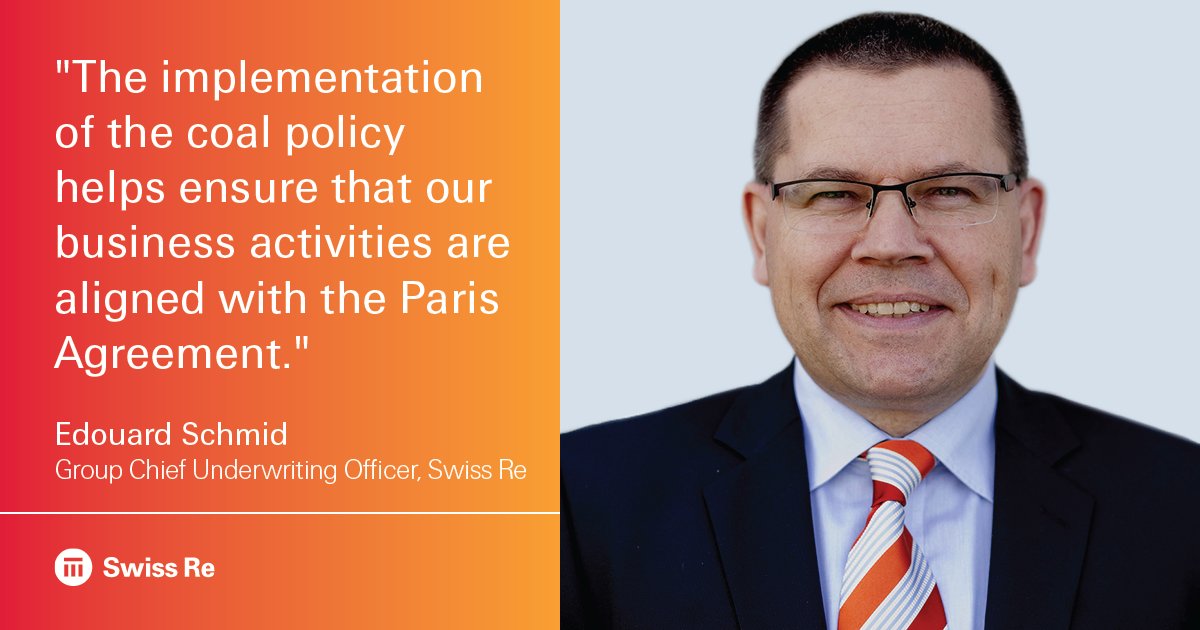 .<a href="/SwissRe/">Swiss Re</a> is a strong supporter of transitioning to a #LowCarbonEconomy, and today we began to implement our policy of not offering reinsurance to businesses with more than 30% exposure to #thermalcoal: ow.ly/PD8230kKY4d #RenewableEnergy