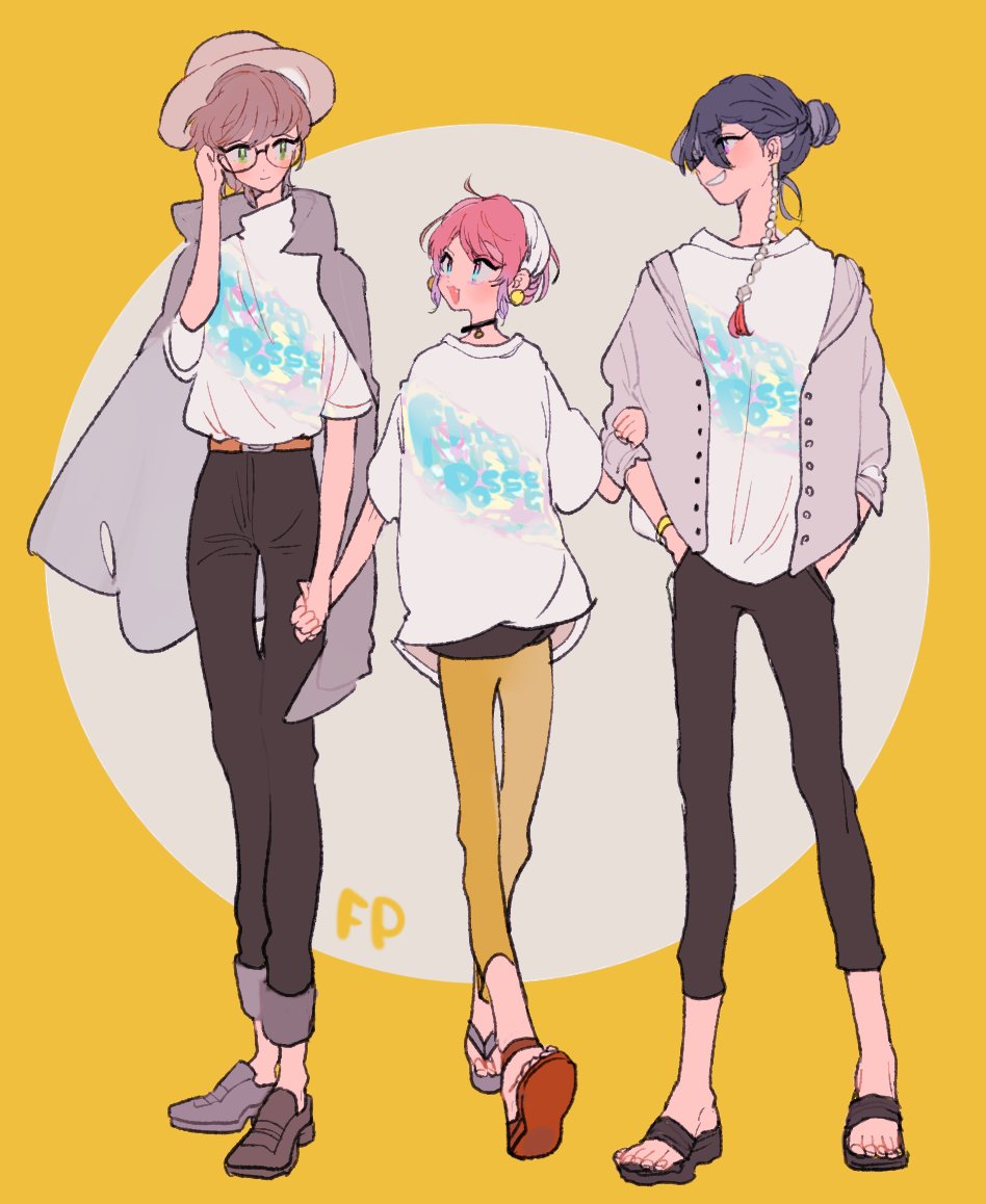multiple boys pink hair pants sandals hat 2boys shirt  illustration images