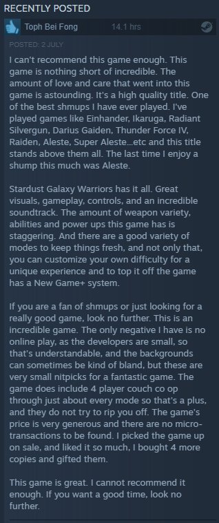 Coming from a veteran of Raiden, Darius Gaiden and Ikaruga, this <a href="/SGWgame/">SGW</a> review says a lot. Eternal kudos from the whole Dreamloop team. 🖖