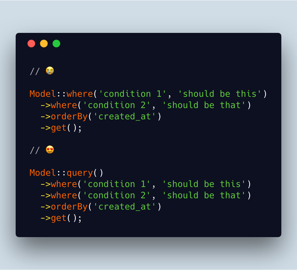 freekmurze's tweet image. I often use Eloquent's `query` just to have the code better aligned
#visualdebtisreal
