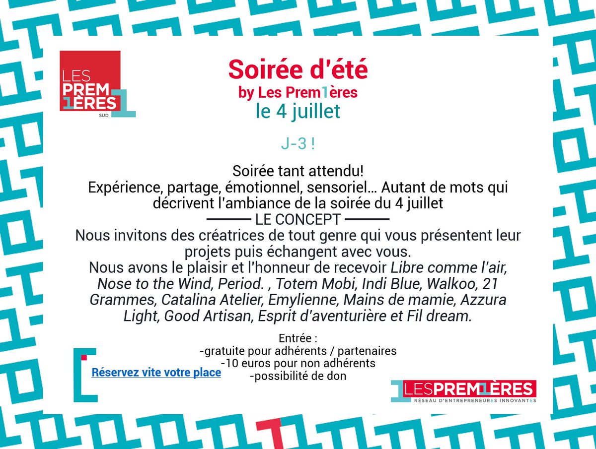 lespremieressud's tweet photo. Soirée tant attendu !🎉🍹
Nos Créatrices :
#NOSETOTHEWIND #IndiBlue #EspritAventurière #Librecommelair #Emylienne #FilDream #GoodArtisan #LesMainsdeMamie #AzzuraLights #Period. #21Grammes #CatalinaAtelier
Dépêchez-vous! Il ne reste plus beaucoup de place!
https://t.co/ah5v7J11Fp https://t.co/WDIdnjq6OW
