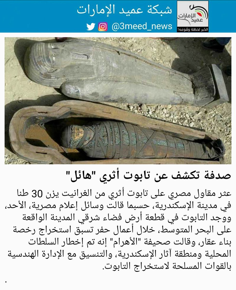 شبكة عميد الإمارات Twitterissa عثر مقاول مصري على تابوت أثري من الغرانيت يزن 30 طنا في مدينة الإسكندرية حسبما قالت وسائل إعلام مصرية الأحد ووجد التابوت في قطعة أرض فضاء شرقي المدينة