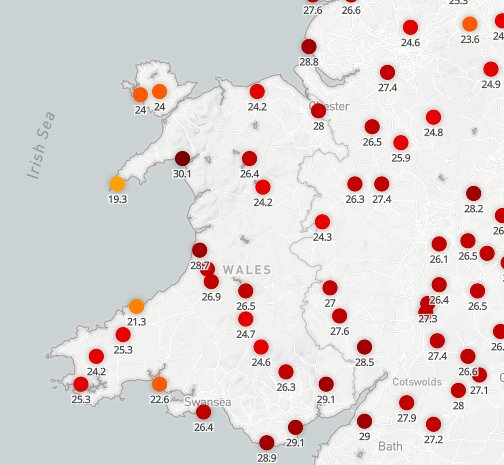 RhianHafTywydd's tweet photo. #Porthmadog 30.1C;   #Caerdydd &amp; #Brynbuga 29C  Y tywydd heulog, poeth yn para drwy'r wythnos, ac eto i raddau wythnos nesa!  Hefyd yn troi hyd yn oed yn boethach erbyn y penwythnos!!!🍹🍹🍹🍹🍹 https://t.co/Aif5lSDeza