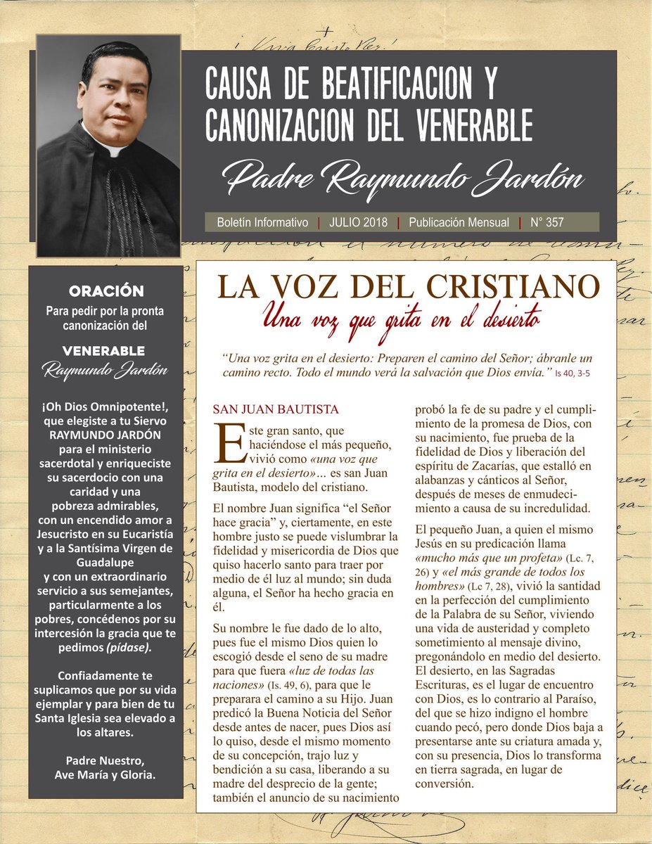 PadreJardon's tweet photo. Boletín informativo mensual de la causa de canonización del Venerable Padr e Raymundo Jardón. Mes de Julio 218 https://t.co/z3xN4LsSQX