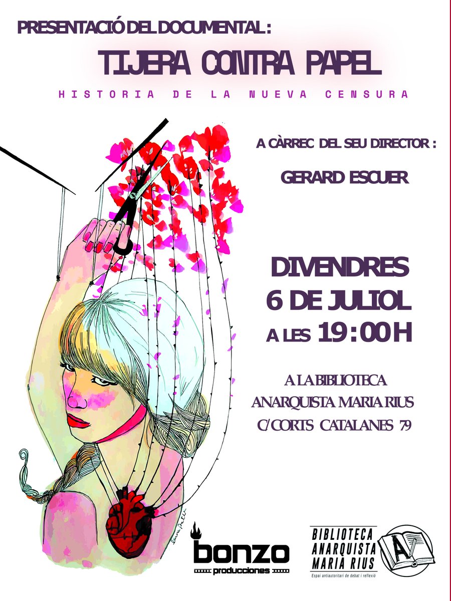 🎥🎞️Presentació i projecció del documental: "TIJERA CONTRA PAPEL - Historia de la nueva censura"🙈🙉🙊 amb el seu autor, Gerard Escuer. 
 ⏰ Divendres, 6 de Juliol a les 19h.
 📍 a la <a href="/BiblioMariaRius/">Biblioteca Anarquista Maria Rius</a> (c/Corts catalanes, 79 Lleida).
 Trailer: youtube.com/watch?v=8m5LcR…